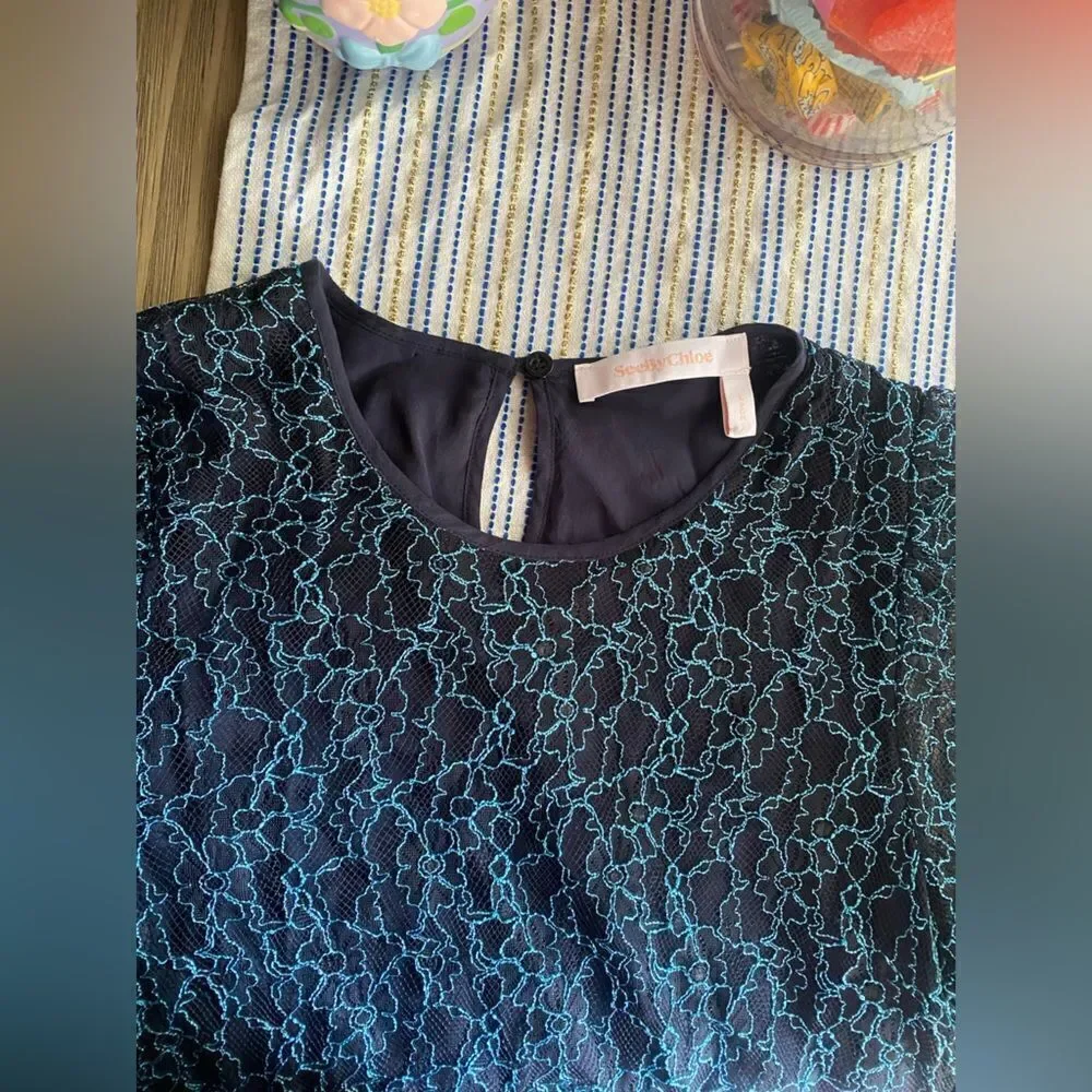 SEE BY CHLOE Black Blue Lace Knit Long Sleeve Boho Coquette Midi Dress Sz 40 US8